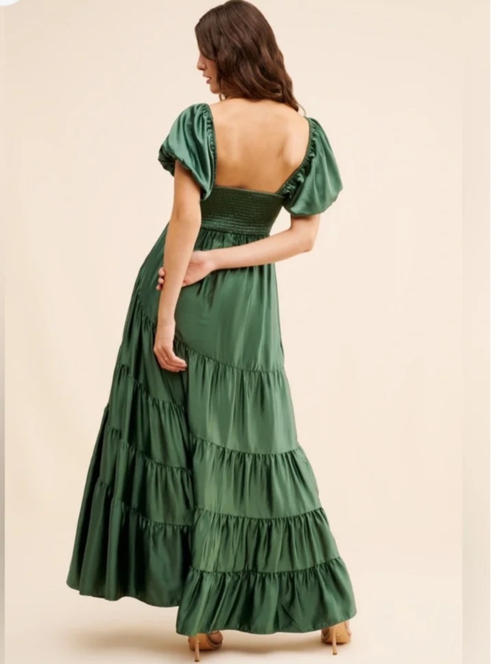 Free People Premium Sundrenched Silky Satin Maxi Tiered Dress Green Sage Large - Picture 2 of 12
